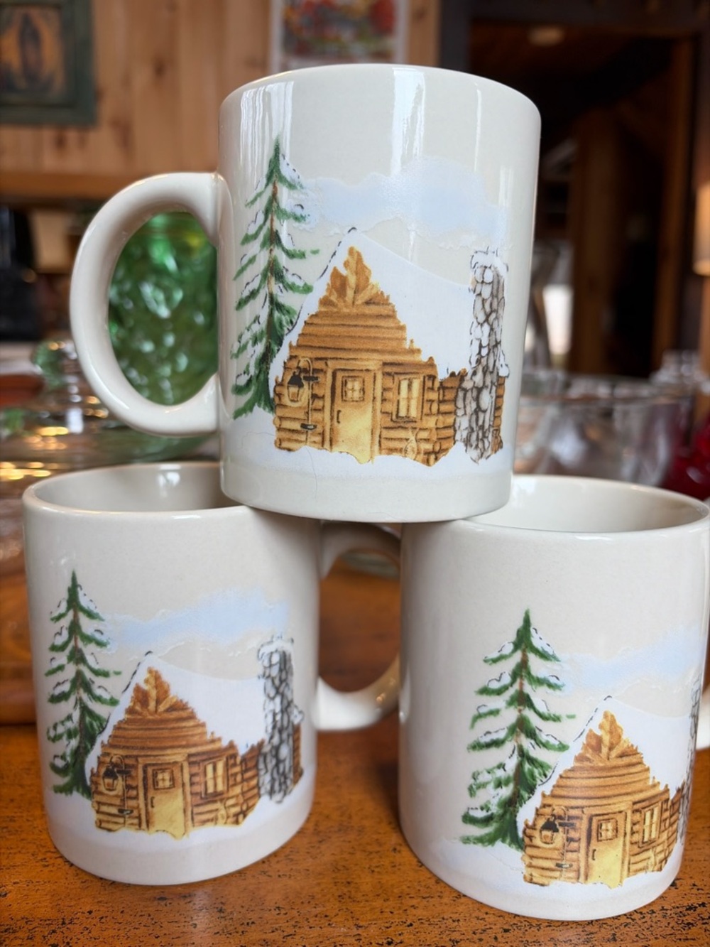 Vintage NOS Cabin in the Winter Woods Ceramic Coffee Mugs